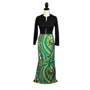Vintage 1960s Psychedelic Long Sleeve Maxi Dress Union Made Hippie Boho Size 7